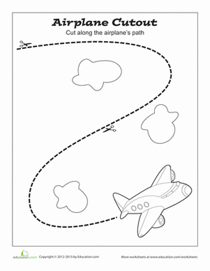 Engaging cutting activity featuring an airplane for early learning in Pre-K Colorful airplane cutting practice worksheet for preschoolers flying in the sky