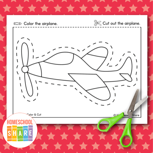 Airplane cutting practice worksheet for Pre-K children Cutting practice worksheet featuring an airplane flying in the sky for preschoolers