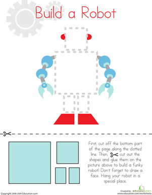 Build a Robot worksheet for Pre-K students focusing on cutting and shape recognition Children cutting shapes to create a colorful robot on a preschool worksheet