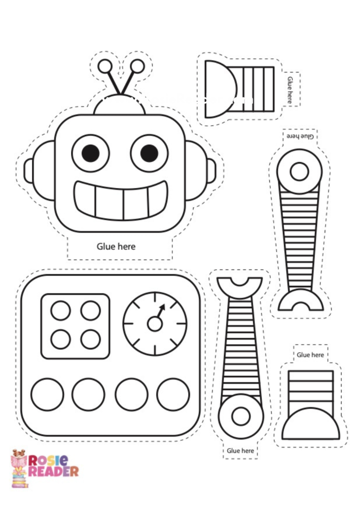 Build a Robot worksheet for Pre-K: Enhance fine motor skills and shape recognition Colorful worksheet featuring children cutting shapes to create a robot