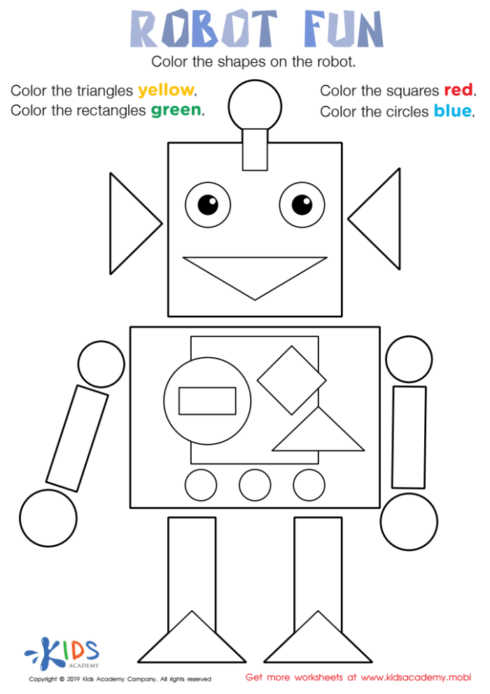 Build a Robot worksheet for Multiplication in Pre-K, focusing on cutting skills Kids cutting out shapes to create a colorful robot on a fun Pre-K worksheet