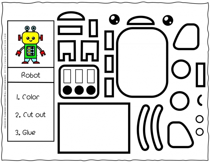 Build a Robot worksheet for Pre-K kids focusing on multiplication and fine motor skills Children's worksheet featuring cutting squares and rectangles to create a robot