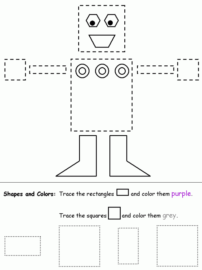 Build a funky robot while practicing cutting skills and shape recognition in Pre-K Colorful worksheet for preschoolers featuring a robot made from cut squares and rectangles