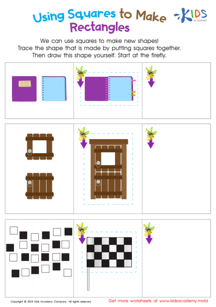 Multiplication worksheet for Pre-K Colorful worksheet for building a robot using squares and rectangles, designed for Pre-K kids. Fun and engaging activity to enhance shape recognition and fine motor skills in young learners.