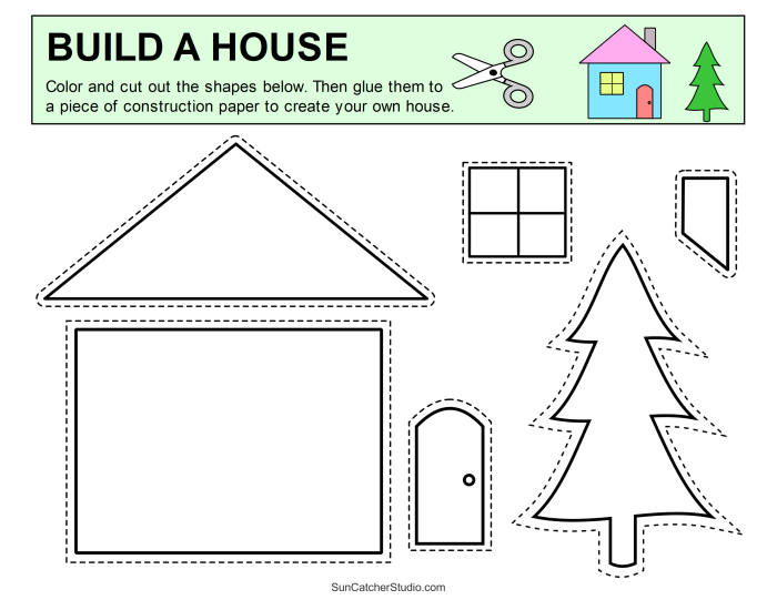 Multiplication worksheet for Pre-K Children practice cutting shapes to create Piggy's house on this fun worksheet. Engaging Pre-K activity for building fine motor skills through multiplication.