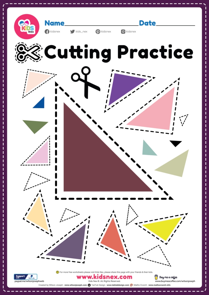Build a House worksheet for Pre-K focusing on triangles and multiplication skills. Children cutting out shapes to construct Piggy's house on a fun worksheet for Pre-K.