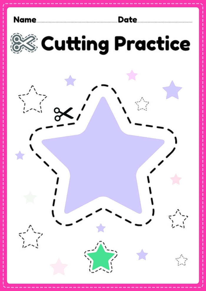Build a House worksheet for kids to enhance fine motor skills and shape recognition Children cutting out shapes to create Piggy's house on a Pre-K worksheet