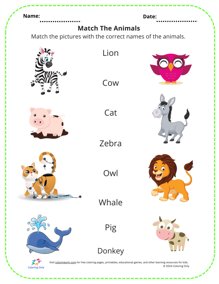 Kindergarten student matching CVC words to animal pictures on a printable worksheet
