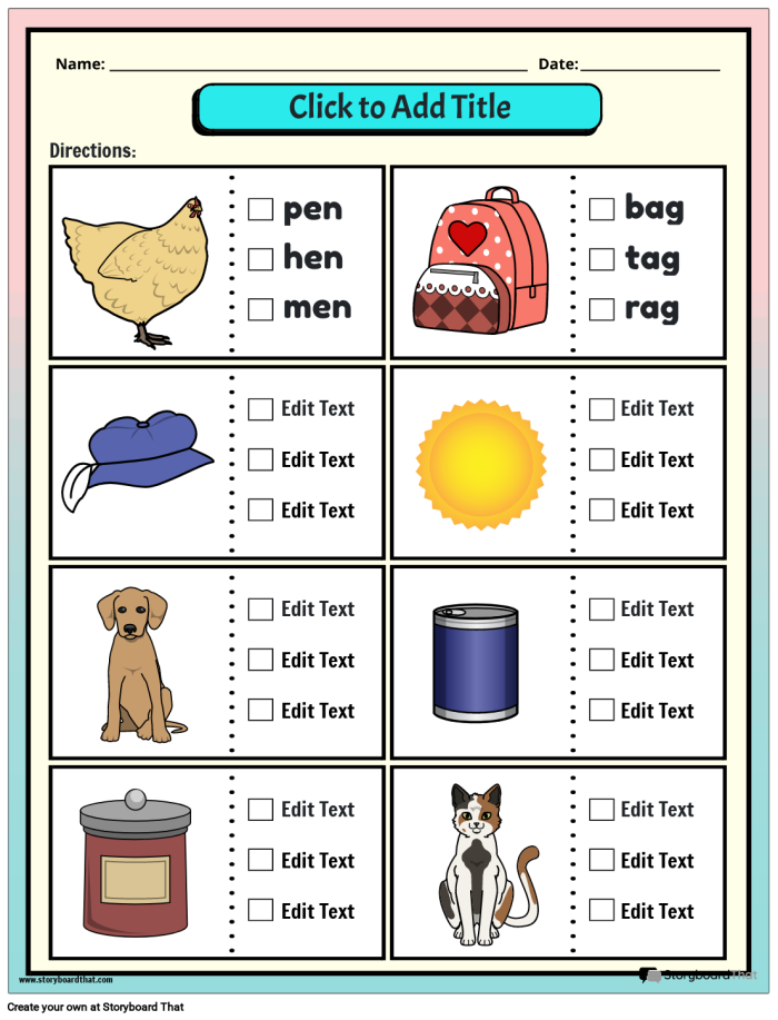 Kindergarten worksheet featuring consonant, vowel, consonant words for early readers