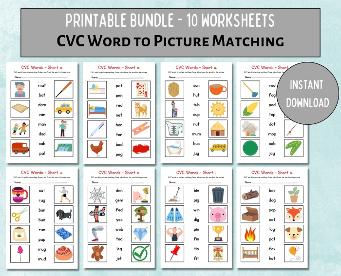Worksheet featuring short A CVC words with playful illustrations of cats, bats, and hats