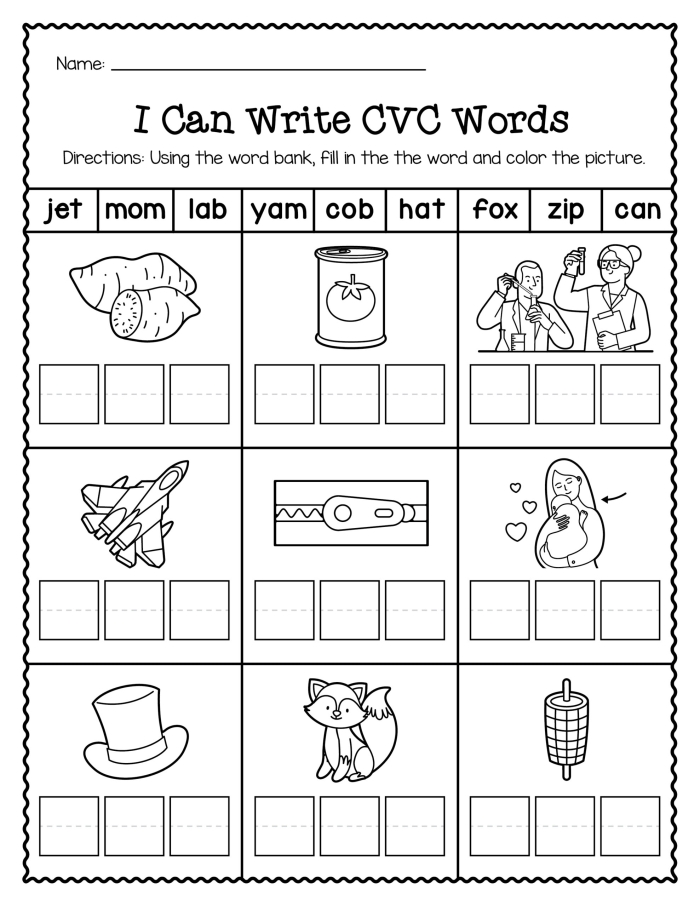 Kindergarten student completing a Fun With Short A CVC Words worksheet featuring animal illustrations
