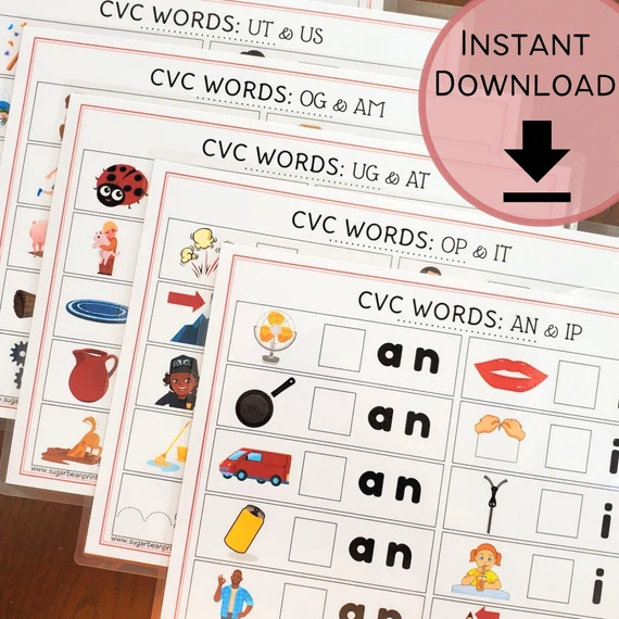 Worksheet featuring consonant-vowel-consonant words for kindergarten literacy activities
