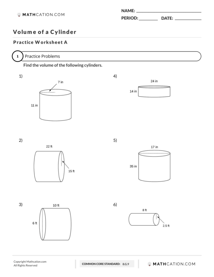 Practice worksheet showing multiple cylinder volume calculation exercises for geometry students Eighth grade student solving cylinder volume problems using the formula V equals pi r squared h with various cylinder dimensions