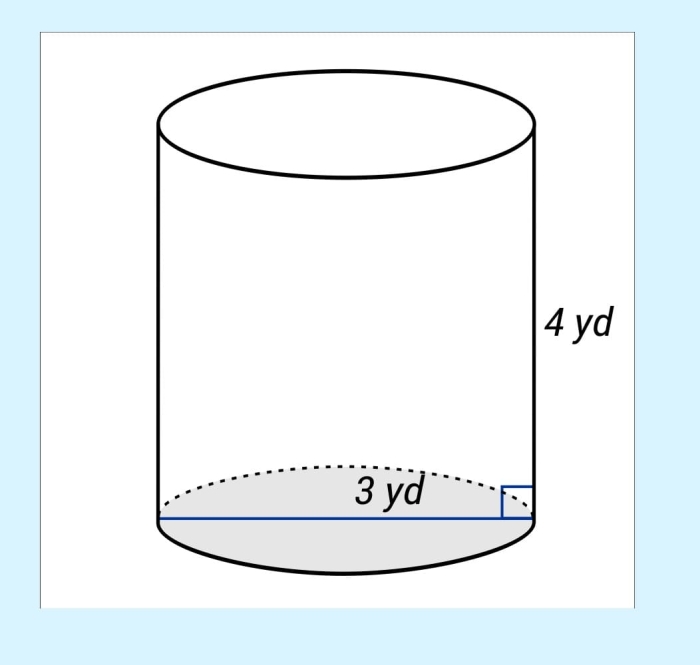 Practice worksheet for calculating volumes of different sized cylinders in geometry Eighth grade geometry worksheet showing cylinder volume problems with various measurements and solution examples