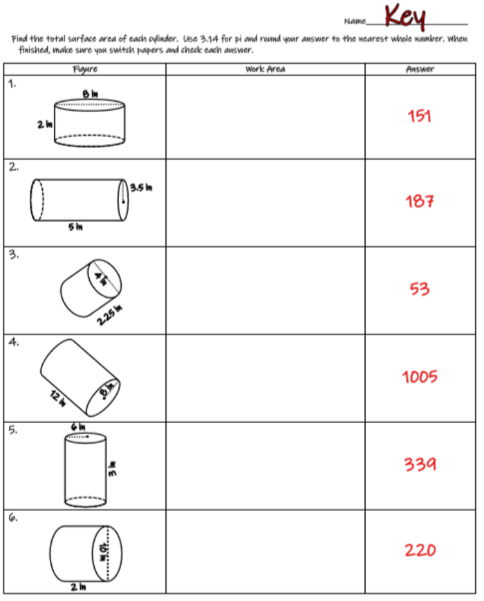 Volume of Cylinders Practice Worksheet for Middle School Geometry Students Eighth grade geometry worksheet showing cylinder volume practice problems with various cylinder dimensions and measurements