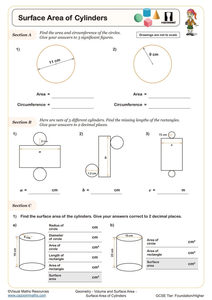 Finding the Volume of Cylinders Practice Worksheet 13 Eighth grade geometry worksheet showing cylinder volume practice problems with various measurements and diagrams