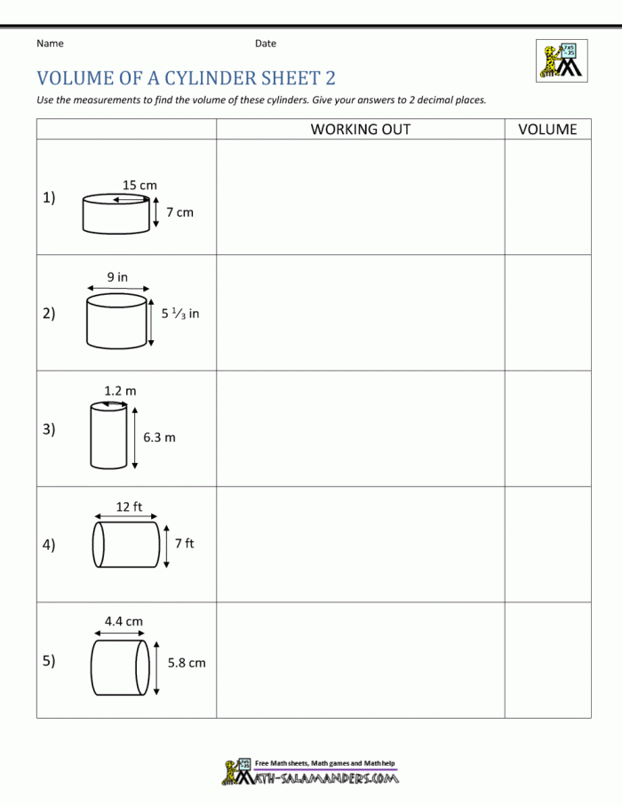 Eighth grade math worksheet focusing on calculating the volume of various cylinders with example problems