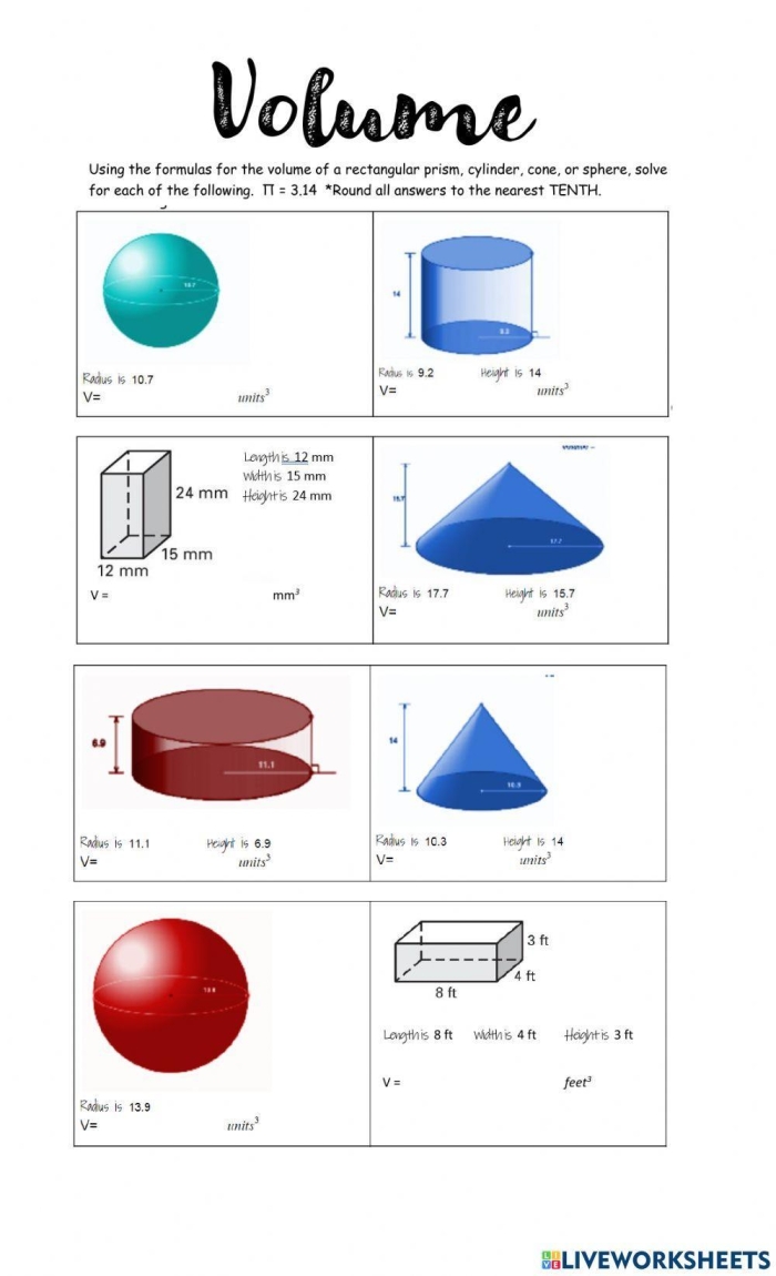 Eighth grade geometry worksheet featuring practice problems on calculating the volume of cylinders