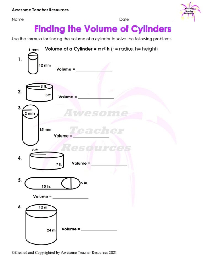 Finding the Volume of Cylinders Worksheet 20 Eighth grade math worksheet featuring several cylinder volume problems for geometry practice