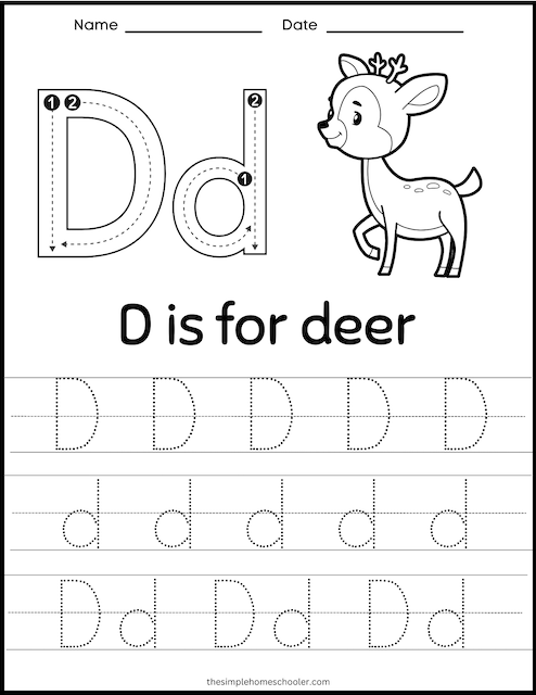 Letter D alphabet writing worksheet for Pre-K students number 22 Preschool student coloring a D is for Dog letter practice worksheet