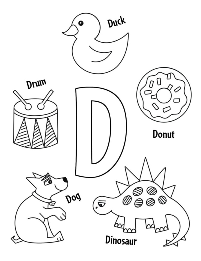 Letter D Sounds Practice Page for Preschoolers D Is For Worksheet preschool alphabet activity with letter D tracing and coloring pictures