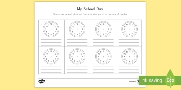 Second grade students practicing daily routines by drawing clock hands on a Telling Time My Day worksheet