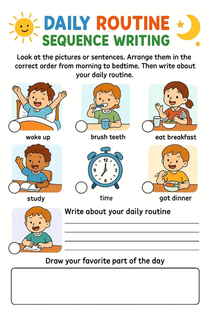 Sequencing Your Day Worksheet 19 Reading Activity Pre-K student working on a cut-and-paste activity to organize a daily routine for sequencing practice