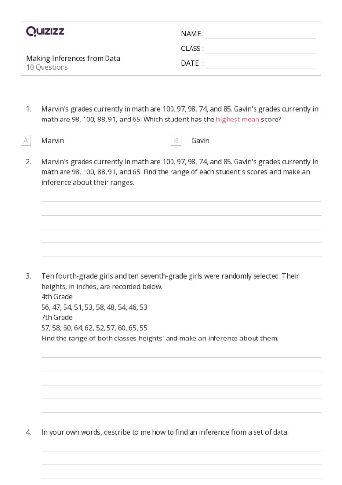 Seventh grade math worksheet showing survey methods and data analysis for estimating video game playing time among students