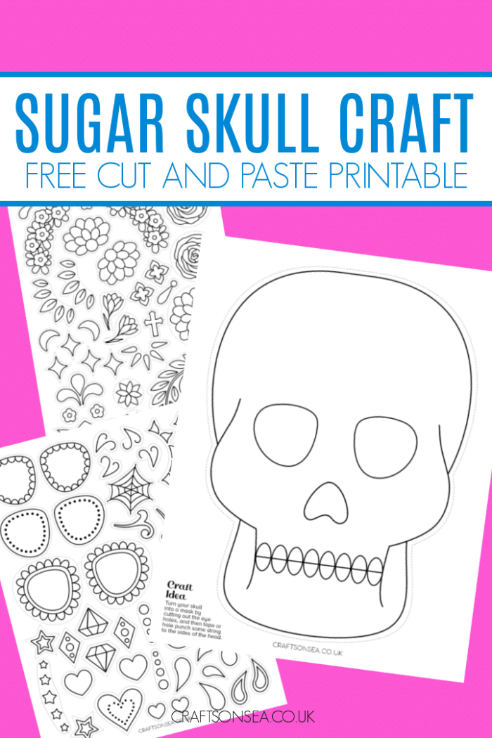Colorful Day of the Dead skull worksheet for first graders to create their own sugar skull art. Fun paper activity for learning about the Day of the Dead celebration.