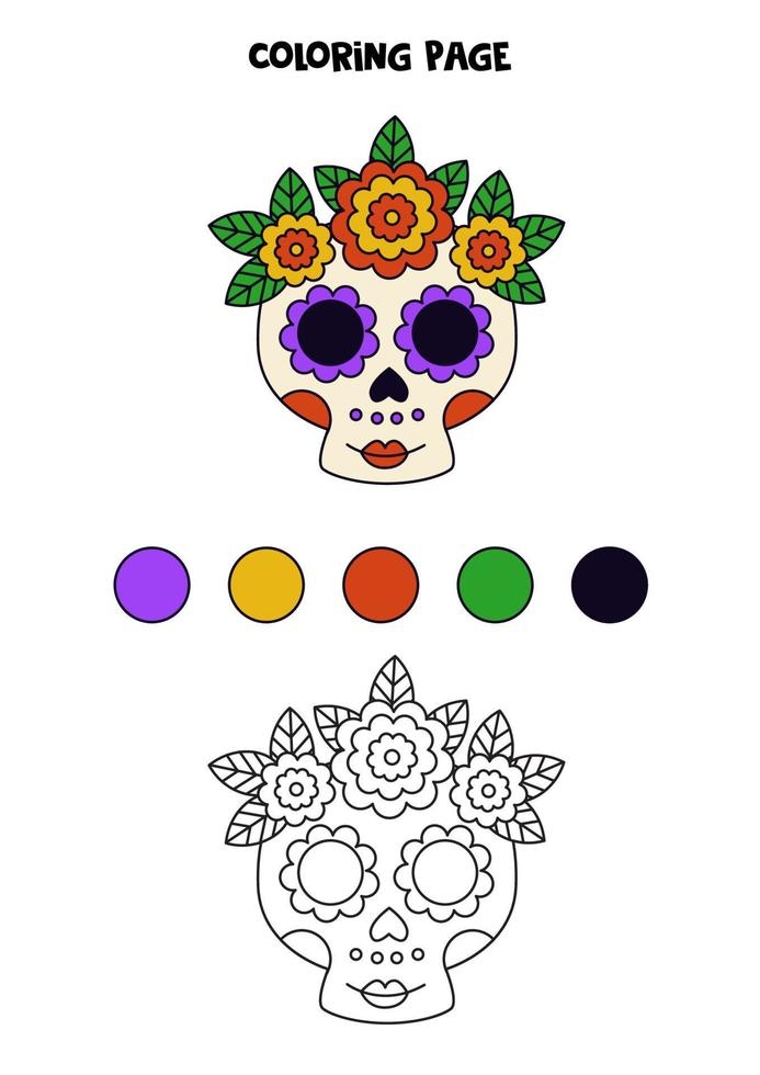 A first grade student coloring a decorative sugar skull worksheet for the Day of the Dead