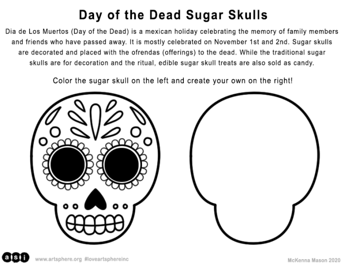 Colorful Day of the Dead skull worksheet for first graders to create a paper sugar skull. Engaging activity for teaching about the Day of the Dead celebration.