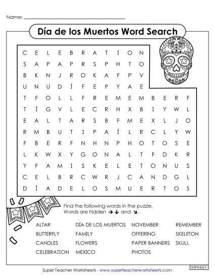 Colorful Day of the Dead skull worksheet for first graders to create a paper sugar skull. Fun and engaging Day of the Dead activity for young learners to celebrate culture.