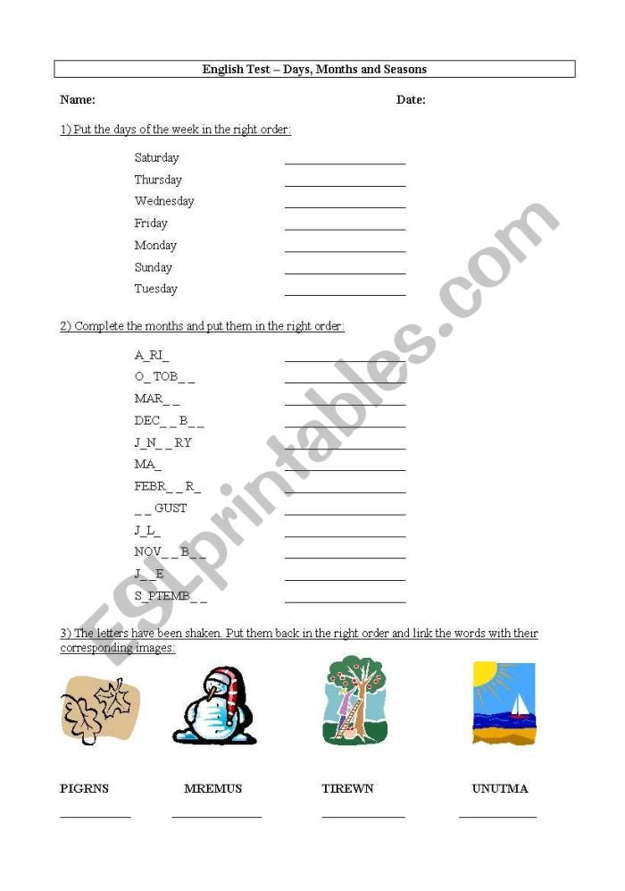 First grade days months and seasons assessment worksheet with calendar and seasonal activity questions for image 22