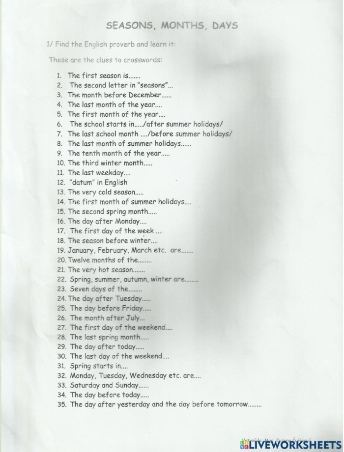 First grade students identifying days of the week, months, and seasons on an assessment worksheet