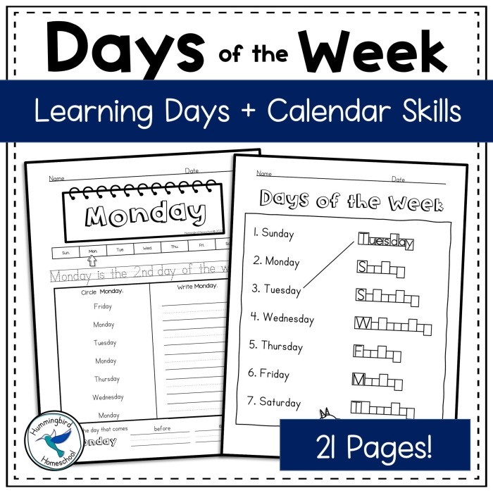 Kindergarten student filling out a Days of the Week worksheet for life science practice