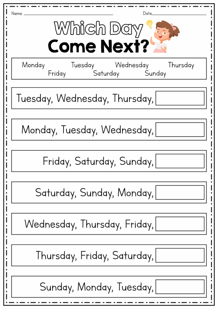 Kindergarten student practicing the order of days of the week on a life science worksheet 23