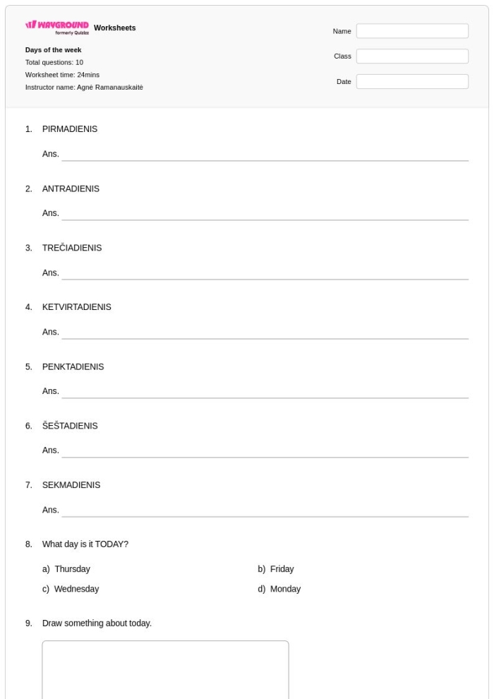 Kindergarten worksheet for practicing the order of the days of the week labeled as number seventeen