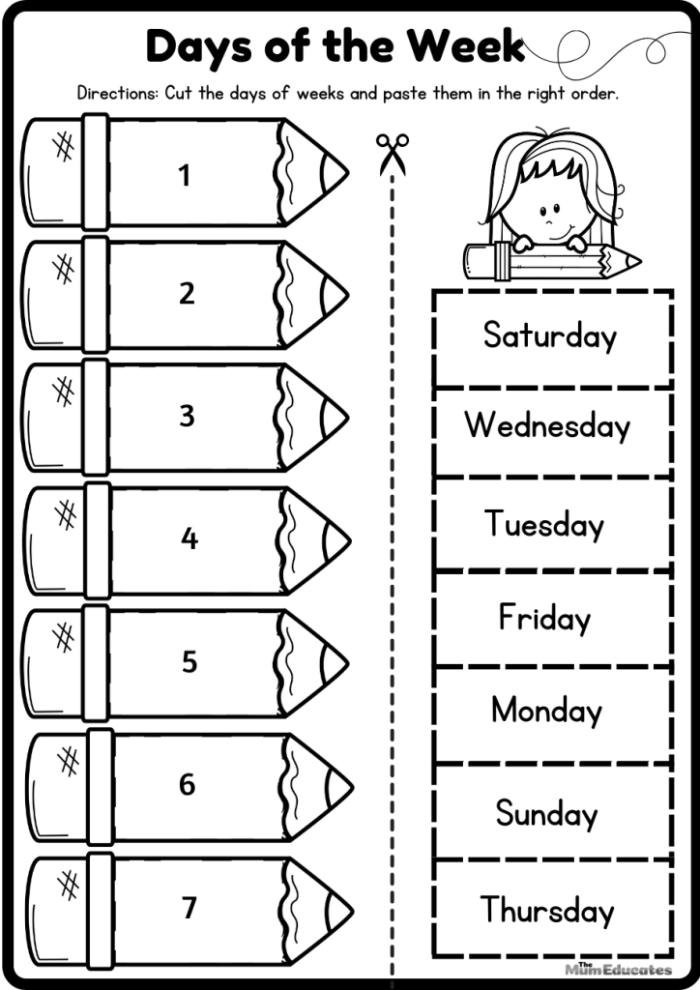 Kindergarten student completing a fill in the blank activity to learn the order of the days of the week 13