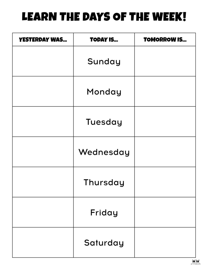 Colorful Days of the Week worksheet for kindergarten students to learn sequencing. Engaging visual aid for teaching the order of the days of the week.