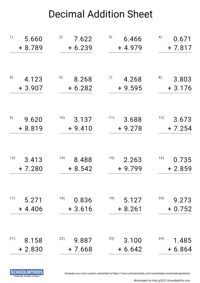 Fourth grade math worksheet for practicing addition of decimals to the hundredths place