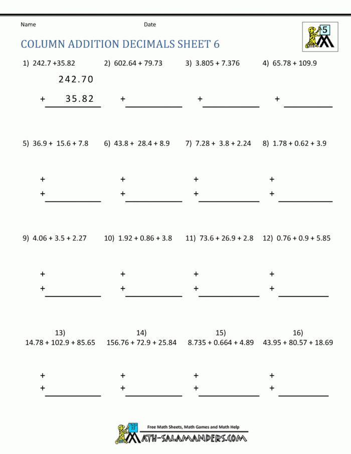 Practice Adding Decimals worksheet for geometry students in fifth grade Worksheet for fifth graders practicing addition of decimals to the hundredths place