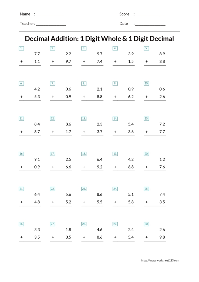 Fourth grade students practicing decimal addition problems to the hundredths place on a colorful math worksheet