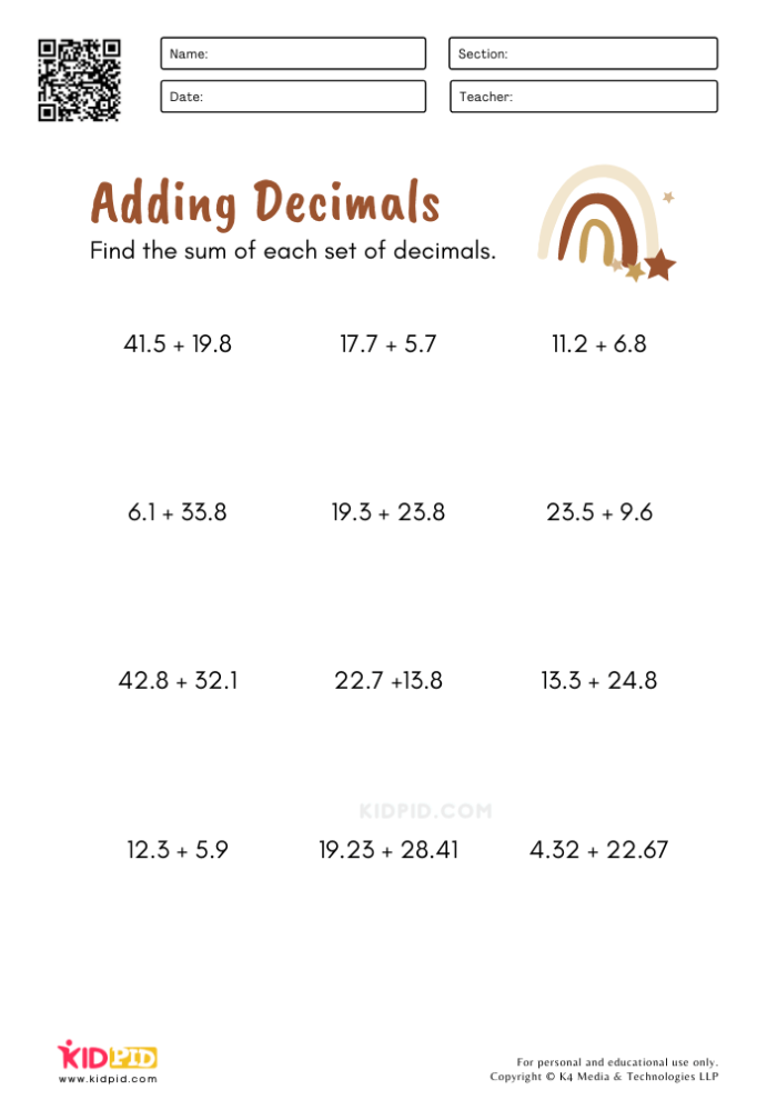 Decimal Addition Worksheet Number 24 for Fifth Grade Math Practice Fifth grade student practicing decimal addition problems on a math worksheet