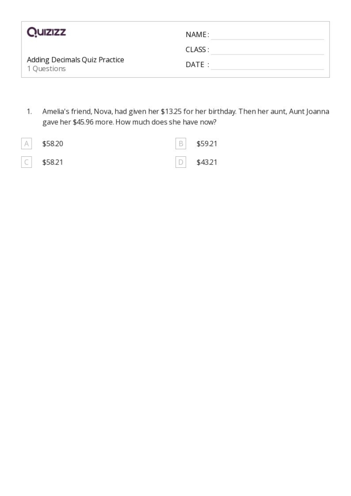 Fifth grade math quiz worksheet showing decimal addition problems to the hundredths place with answer spaces