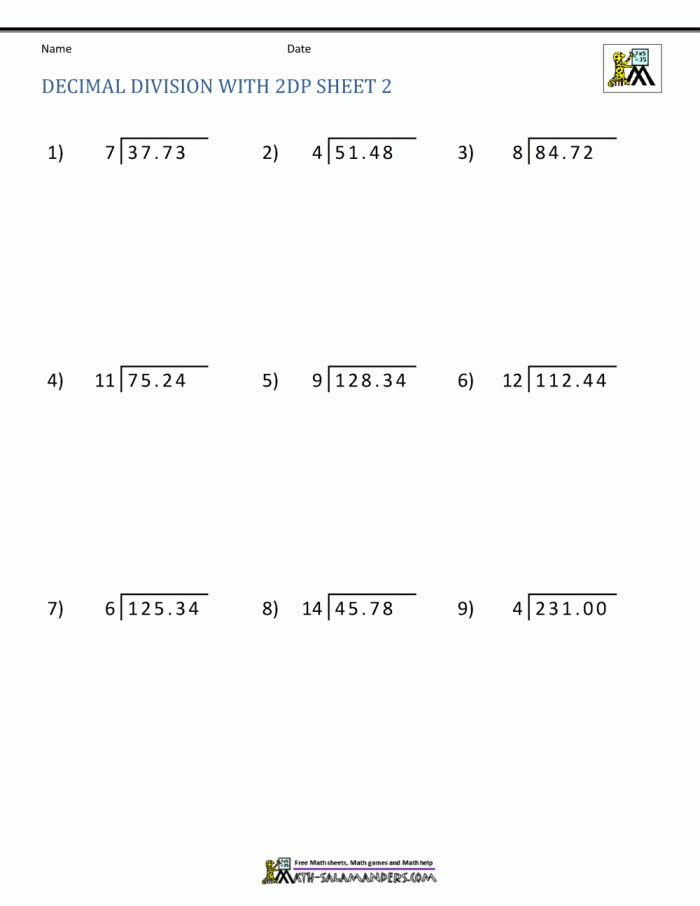 Decimal Placement in Division Worksheet for Grade 5 Students estimating answers on a decimal division worksheet for fifth graders