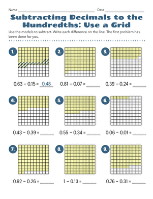 Decimals and Fractions Hundredths Place Learning Activity 11 Fourth grade math worksheet showing decimal and fraction representations in the hundredths place with visual grid models