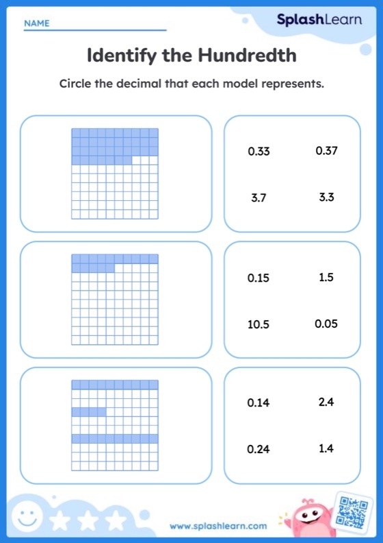 Decimal and Fraction Hundredths Place Practice Worksheet 18 Fourth grade math worksheet featuring practice problems on understanding the hundredths place and decimal-fraction relationships