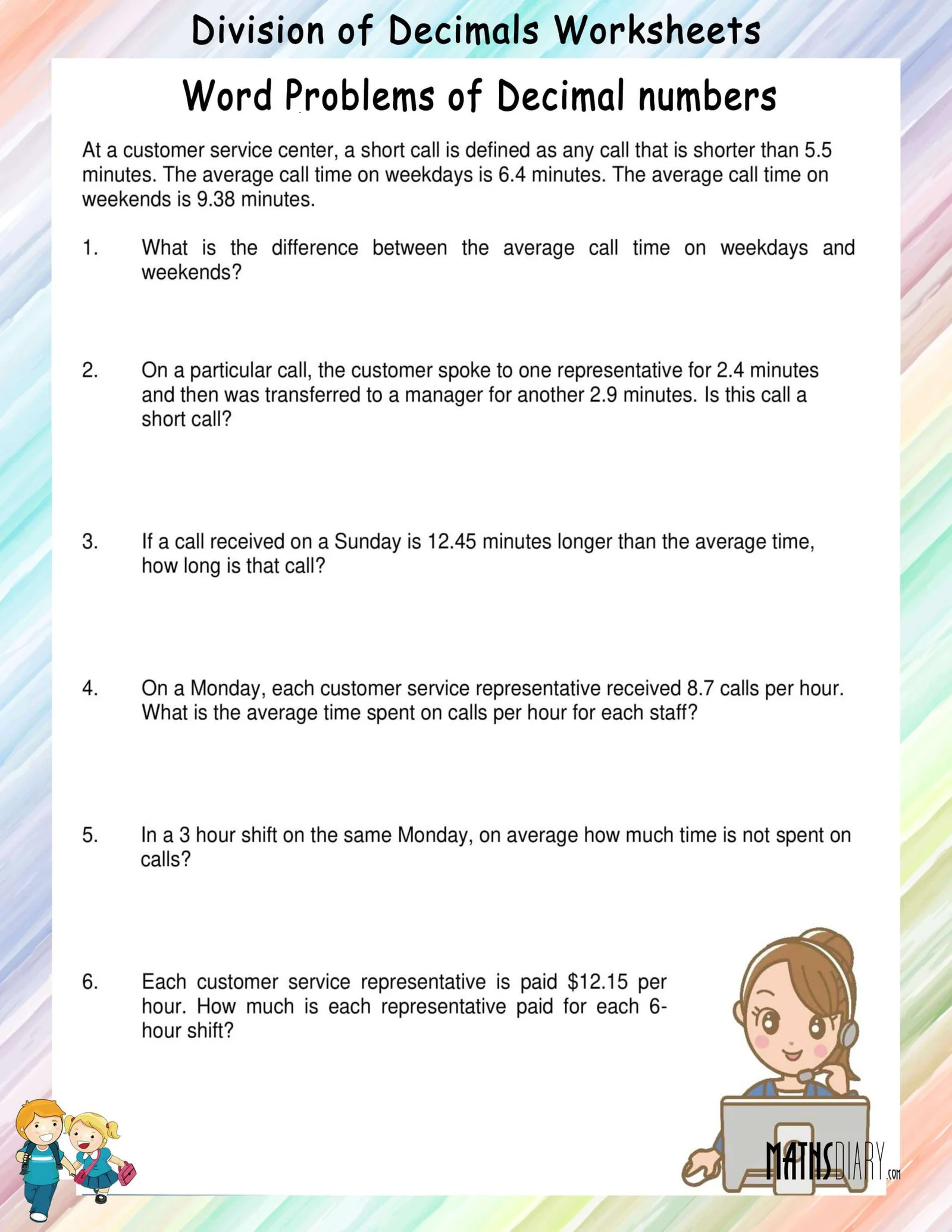 Sweet Sprouts Decimal Operations Worksheet for Sixth Grade Science and Math Practice Sixth grade students practicing decimal addition and subtraction with the Sweet Sprouts word problems worksheet