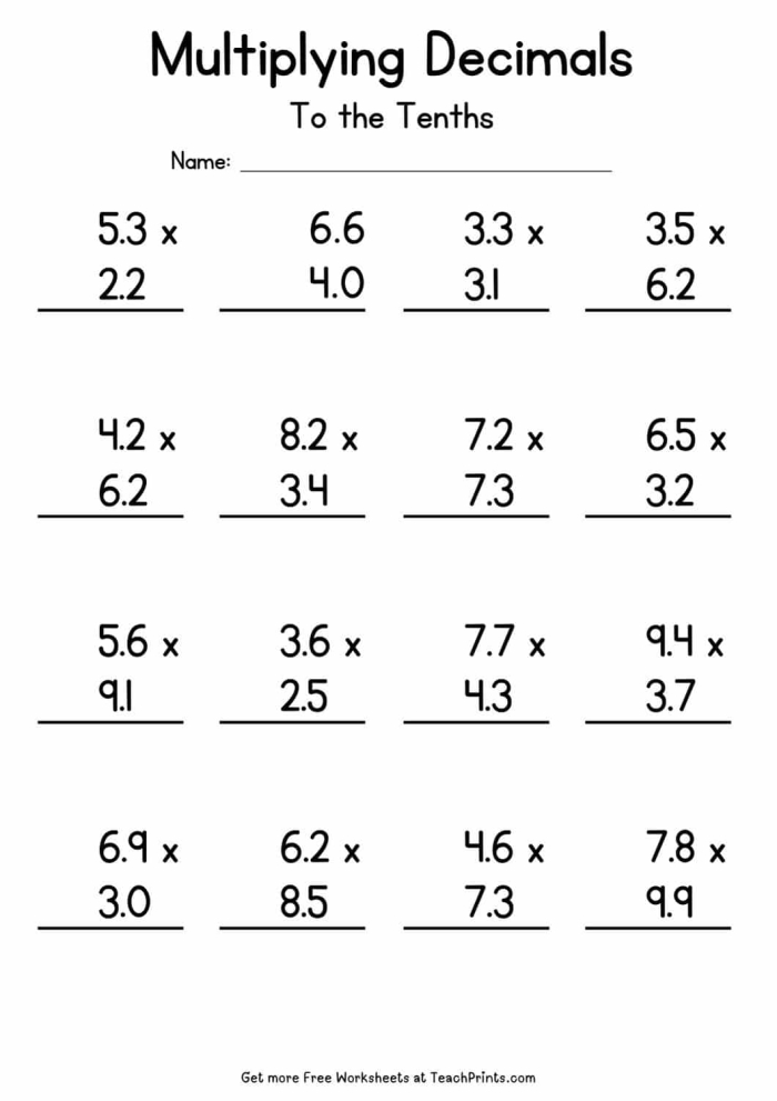 Fifth grade math worksheet featuring nine decimal multiplication practice problems