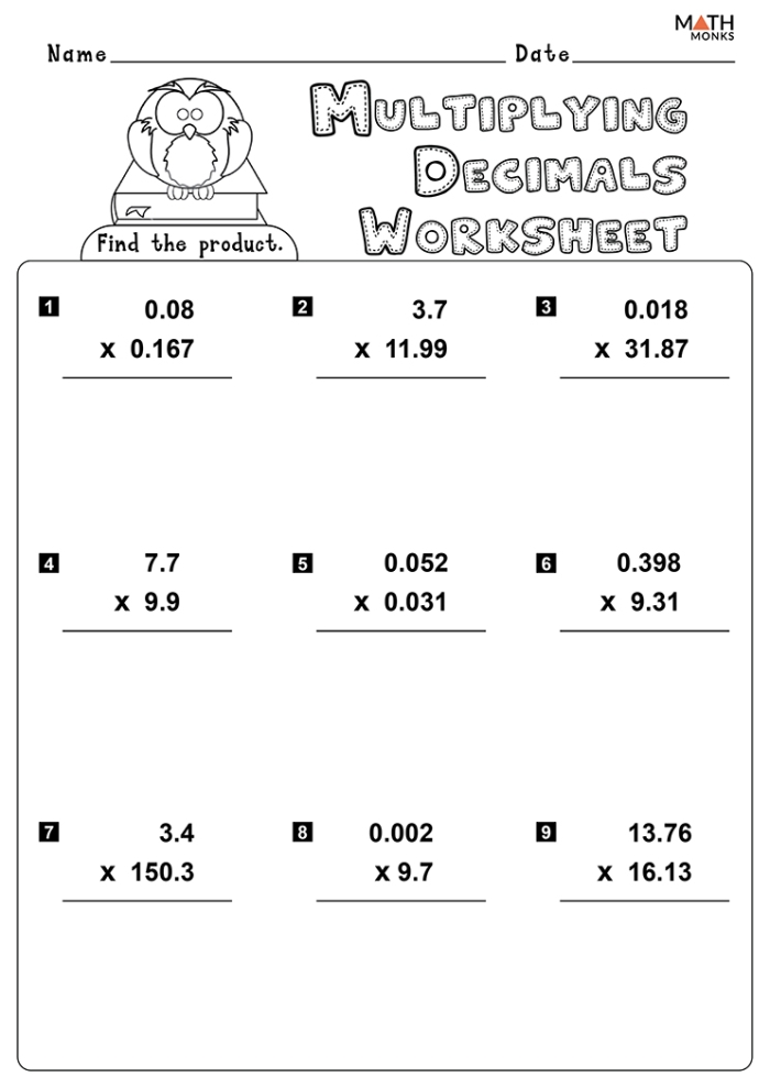 Worksheet for practicing decimal multiplication with nine problems for students